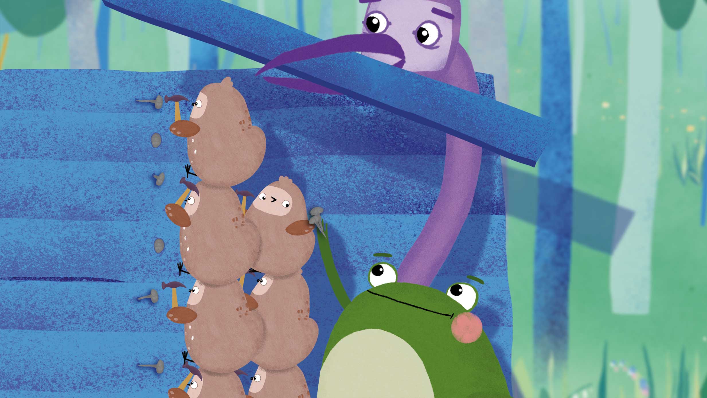 Pyynpoikaset rakentavat majaa, samalla istuen toistensa päällä tekemällä tornin