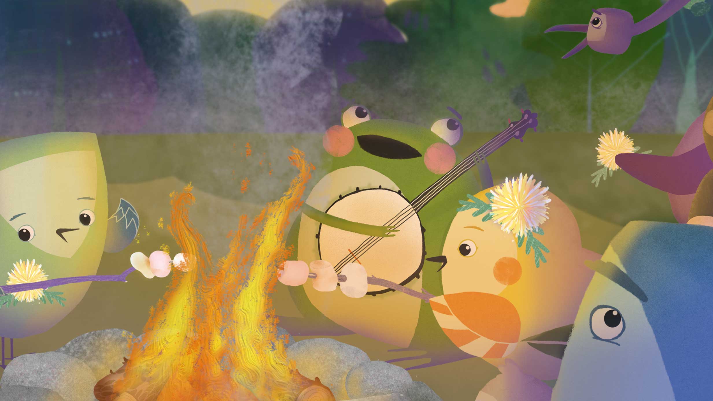 Sammakko soittaa banjoa nuotion äärellä